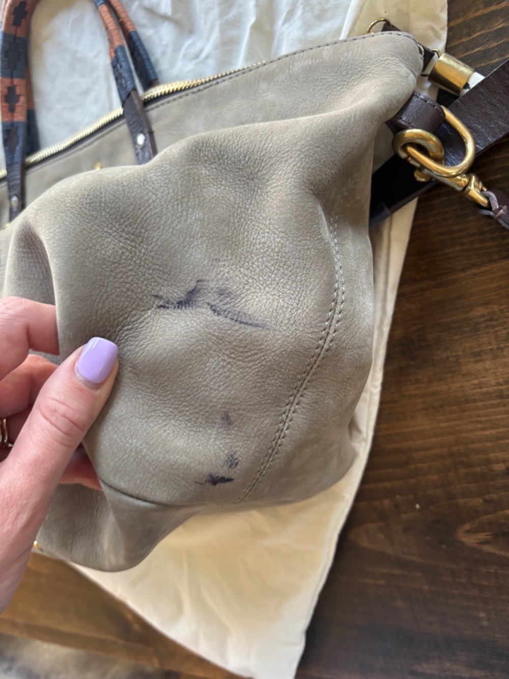 Kempton & Co. Taupe Leather Tote with Stud Accents and Patterned Strap - Picture 4 of 5